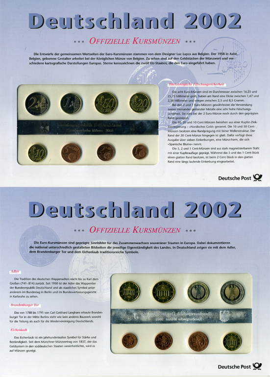 ГЕРМАНИЯ ЕВРОНАБОР ИЗ 8 МОНЕТ 2002 1, 2, 5, 10, 20, 50 ЕВРОЦЕНТОВ, 1, 2 ЕВРО, J, В ОРИГИНАЛЬНОМ БУКЛЕТЕ, ПЛЮС КОМПЛЕКТ МАРОК PROOF 06-081-20