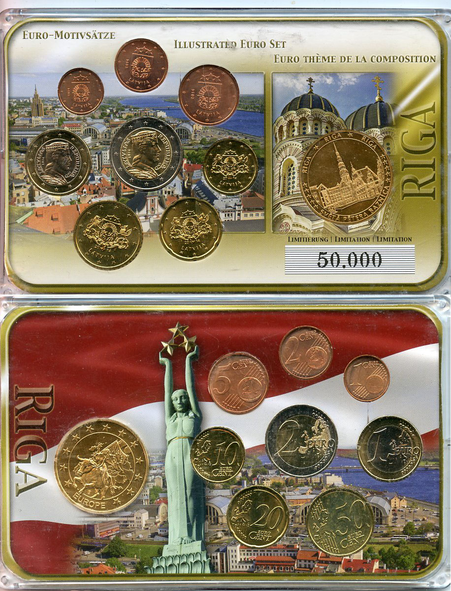 Латвия евронабор из 8 монет 2014 включая жетон-медаль Рига, в пластике  биметалл  UNC  1181-4-14