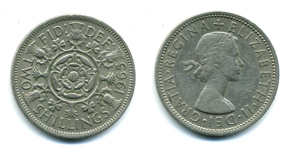 Великобритания 2 шиллинга (флорин) 1965 Елизавета II (1952-2022) KM 906, Spink 4146 медно-никель 54-1416