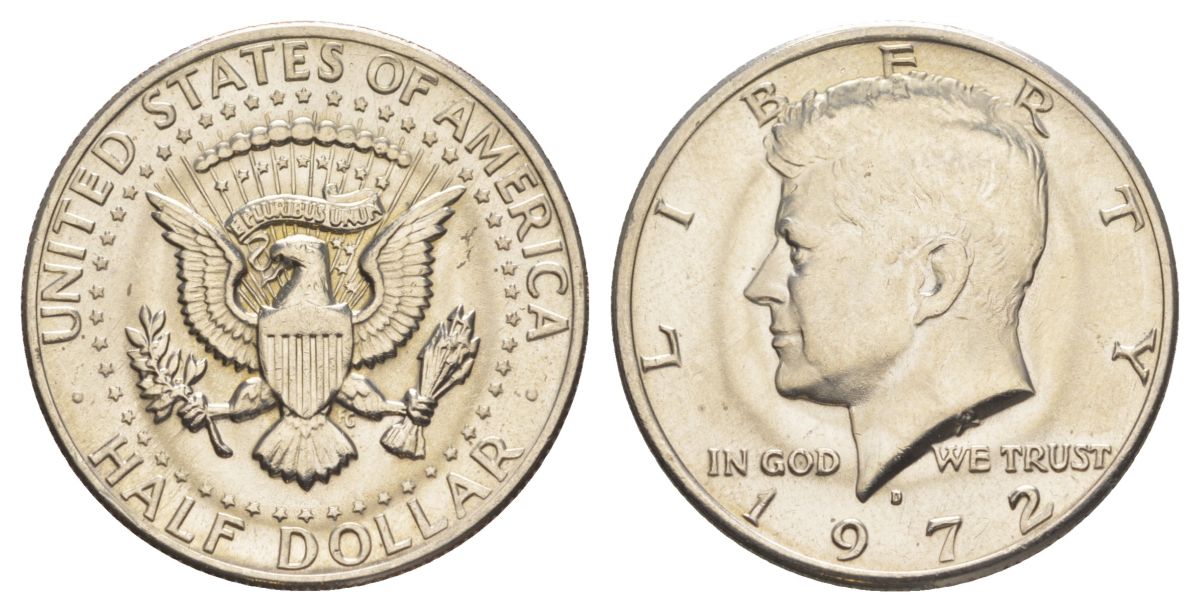 США 1/2 доллара (50 центов) 1972 D, Джон Кеннеди KM 202b медь плакированная медно-никелем aUNC 189-924