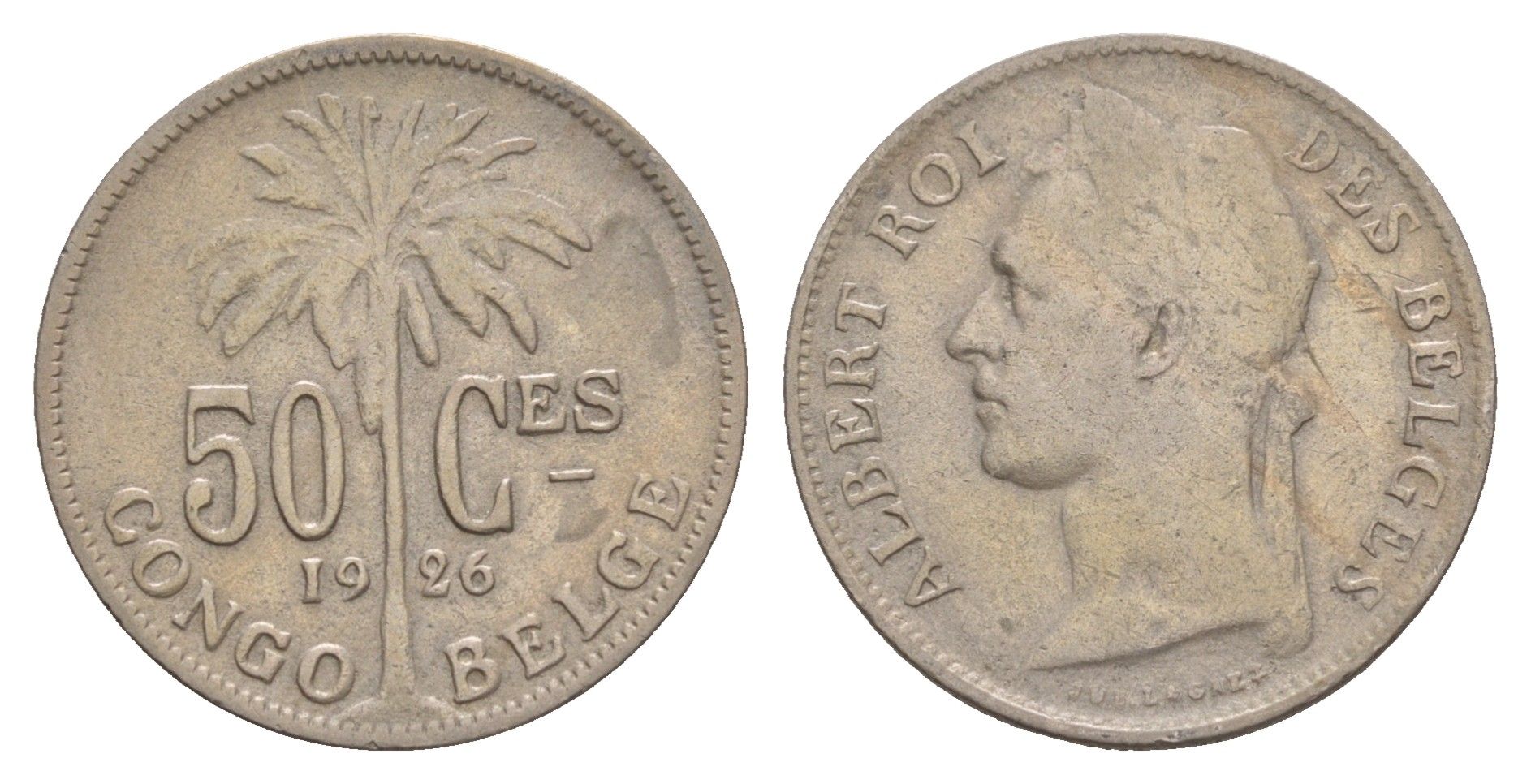 Бельгийское Конго 50 сантимов 1926 Надпись на французском - 'ALBERT ROI DES BELGES' KM 22 медно-никель 4656-147