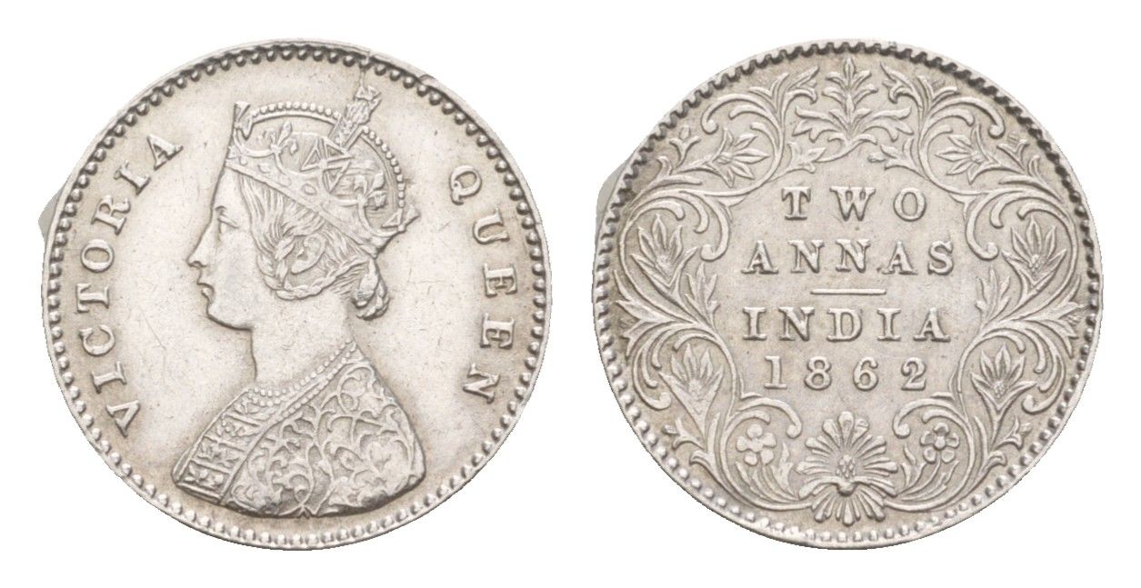 Британская Индия 2 анны 1862 Виктория (1837-1901) KM 469 серебро    1529-813