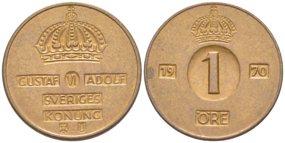 Швеция 1 эре 1970 U, Густав VI Адольф (1950-1973) KM 820 бронза 4516-431