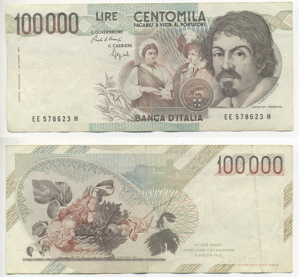 Италия 100000 лир 1983 Караваджо, фруктовый букет, подпись Speziali Pick 110b бумага 7220-13-2