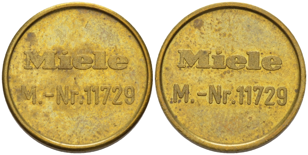 ЕВРОПА ЖЕТОН ND ДЛЯ СТИРАЛЬНЫХ МАШИН, В ПРАЧЕЧНОЙ НА ПОЛУЧЕНИЕ МЫЛА, MIELE M.-Nr 11729, ДИАМЕТР 17 ММ. желтый металл 28-744