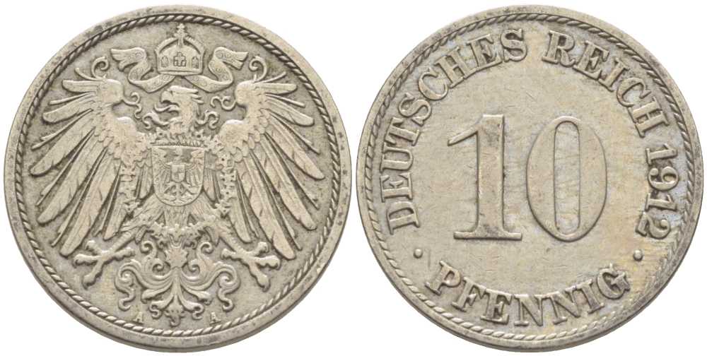 ГЕРМАНИЯ 10 ПФЕННИГОВ 1912 А KM 12, J. 13 медно-никель 210-656