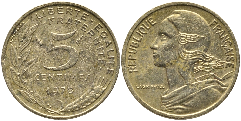 ФРАНЦИЯ 5 САНТИМОВ 1978 ТИП MARIANNE KM 933 медь алюминий никель 99-1117