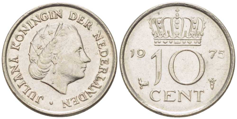 НИДЕРЛАНДЫ 10 ЦЕНТОВ 1975 ЮЛИАНА (1948-1980) KM 182 никель 116-1117