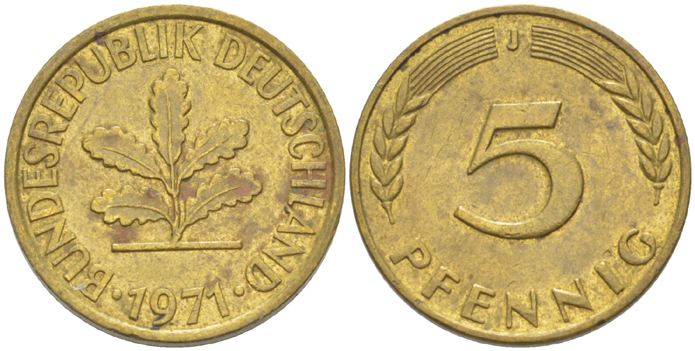 ФРГ 5 ПФЕННИГОВ 1971 J KM 107, J. 382 сталь плакированная латунью 4181-931