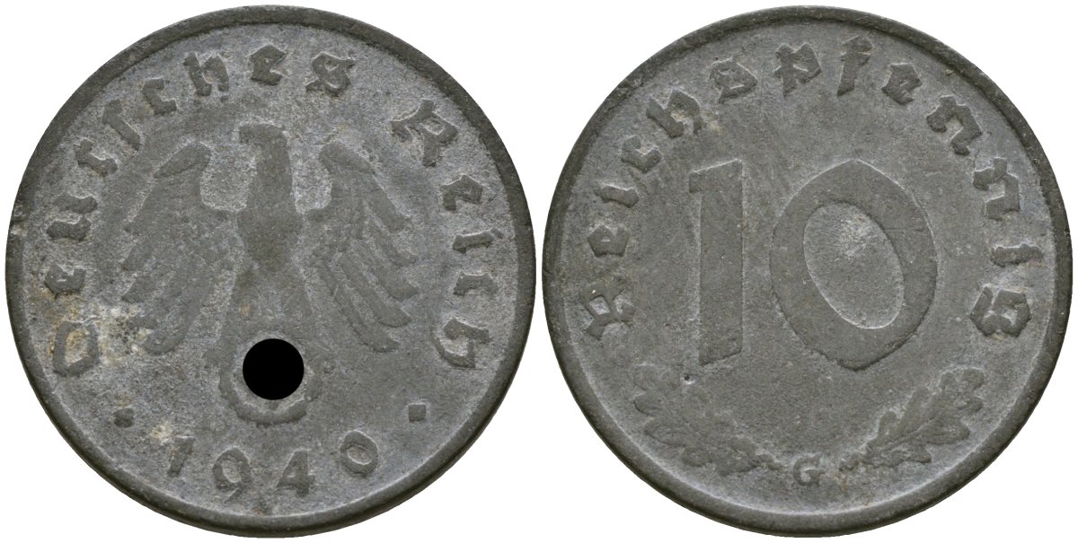 Германия 10 рейхспфеннигов 1940 G KM 101 цинк 4132-145