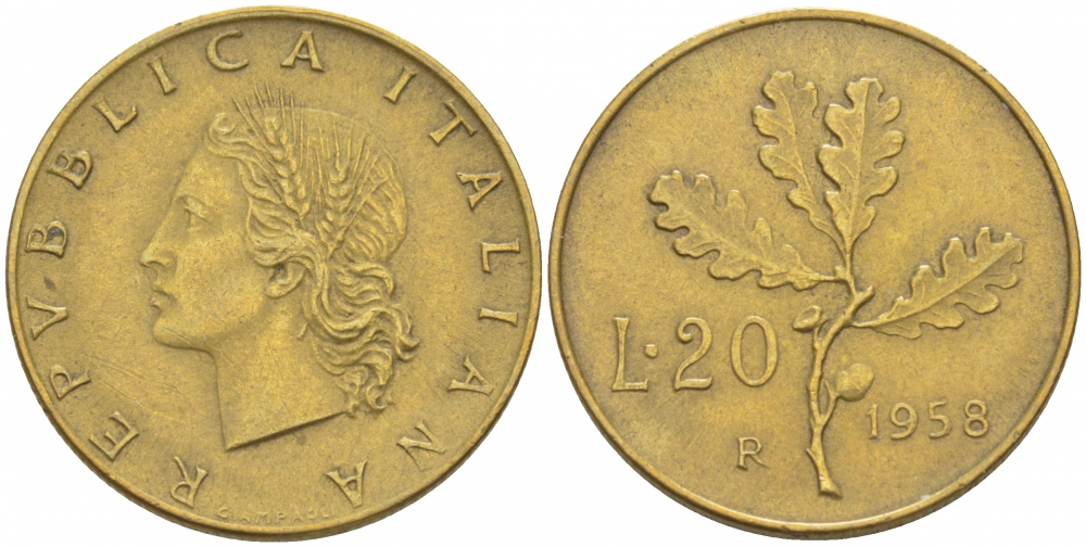 ИТАЛИЯ 20 ЛИР 1958 R ДУБОВАЯ ВЕТВЬ KM 97.1 алюминиевая бронза 3718-255