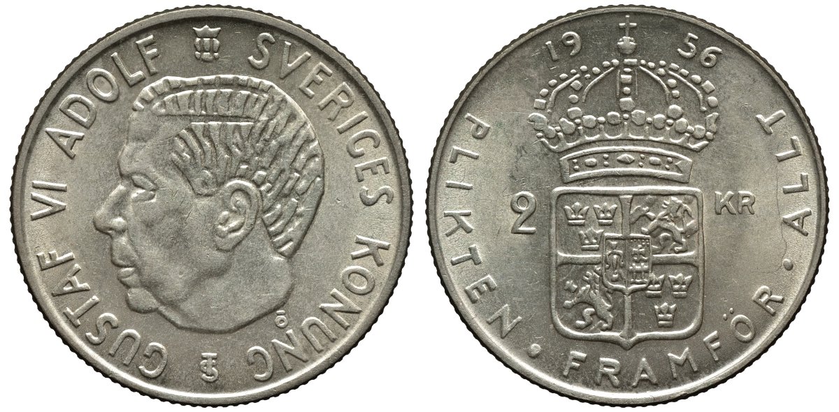 Швеция 2 кроны 1956 TS, Густав VI Адольф (1950-1973) KM 827 серебро 221-545