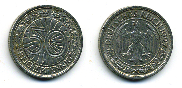 Германия 50 рейхспфеннигов 1927 A KM 49, J. 324 никель 58-141