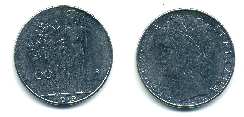 ИТАЛИЯ 100 ЛИР 1979 R, АФИНА KM 96.1 нержавеющая сталь 25-936
