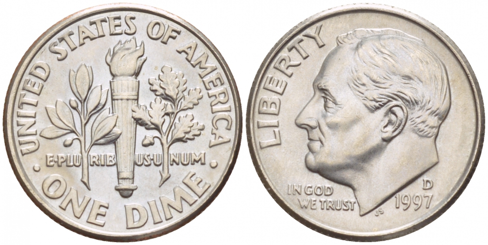 США 10 ЦЕНТОВ = 1 ДАЙМ 1977 D, РУЗВЕЛЬТ KM 195а медь плакированная медно-никелем 4547-947