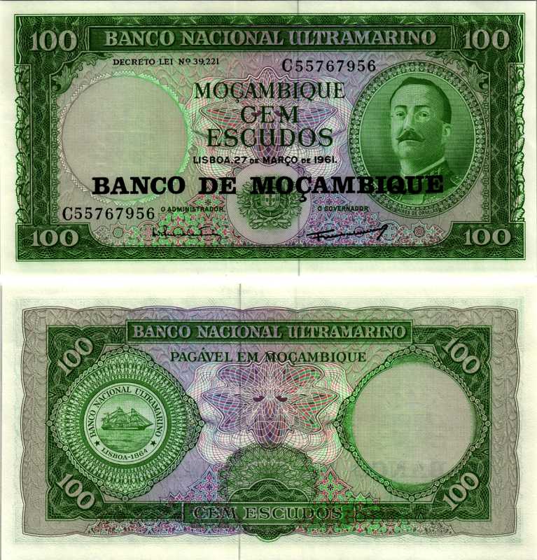 Мозамбик 100 эскудо 1961 (1976) надпечатка на 1961, Айрес де Орнелас  Pick 117 a бумага UNC (пресс) 6352-42-2-2