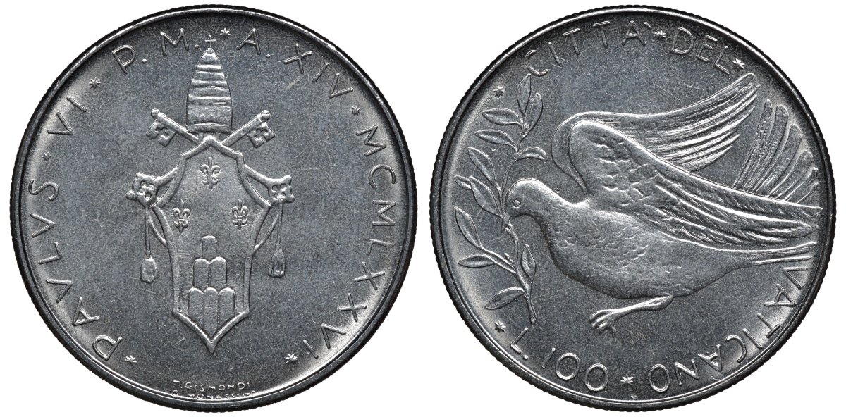 Ватикан 100 лир 1976 голубь, папа Павел VI (1963-1978) KM 122 нержавеющая сталь UNC 4579-647