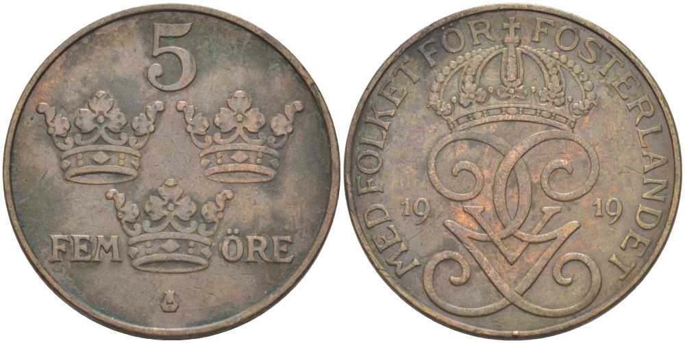 Швеция 5 эре 1919 Густав V (1907-1950) KM 779.2 бронза 180-1226