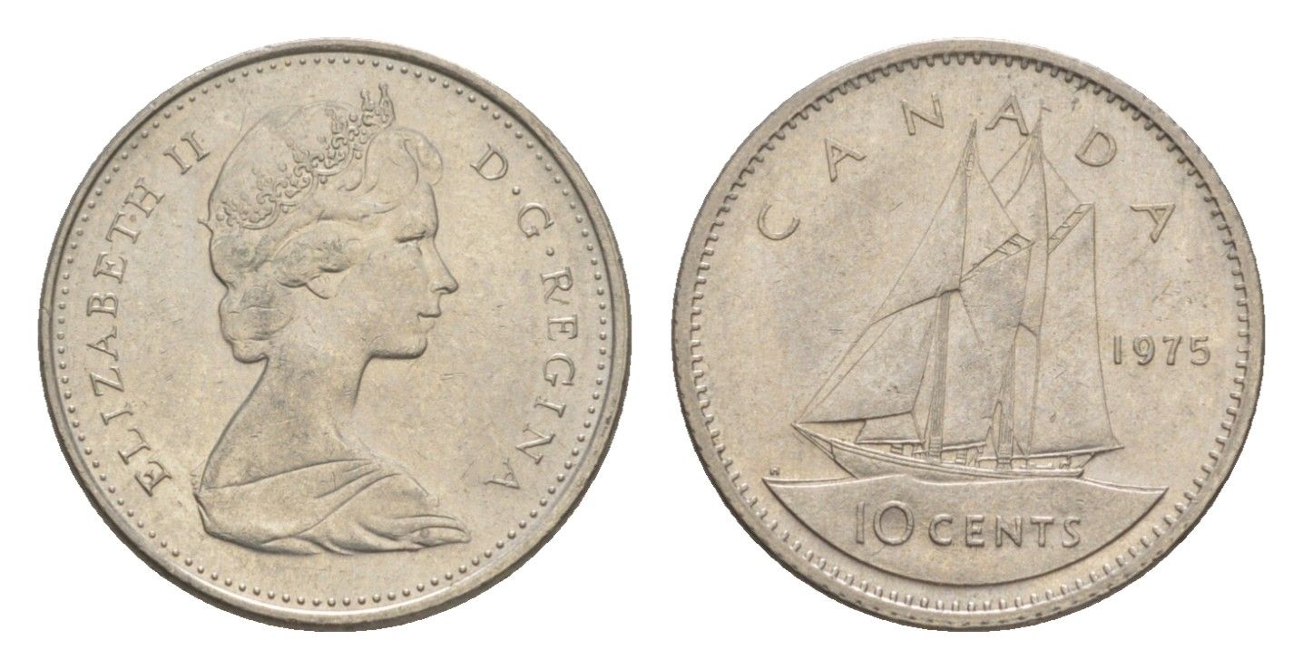 Канада 10 центов 1975 Елизавета II (1952-2022), парусник KM 77 никель 4639-633