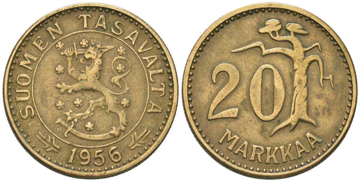 Финляндия 20 марок 1956 H KM 39 алюминиевая бронза 4586-746