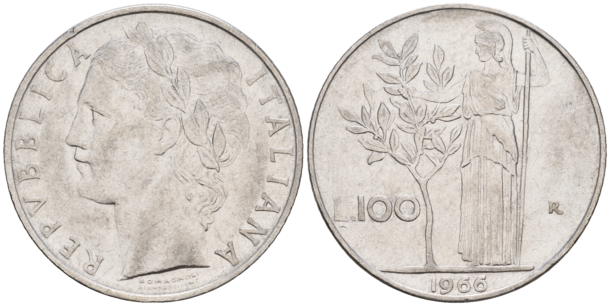 Италия 100 лир 1966 R, богиня Афина KM 96.1 нержавеющая сталь 259-147