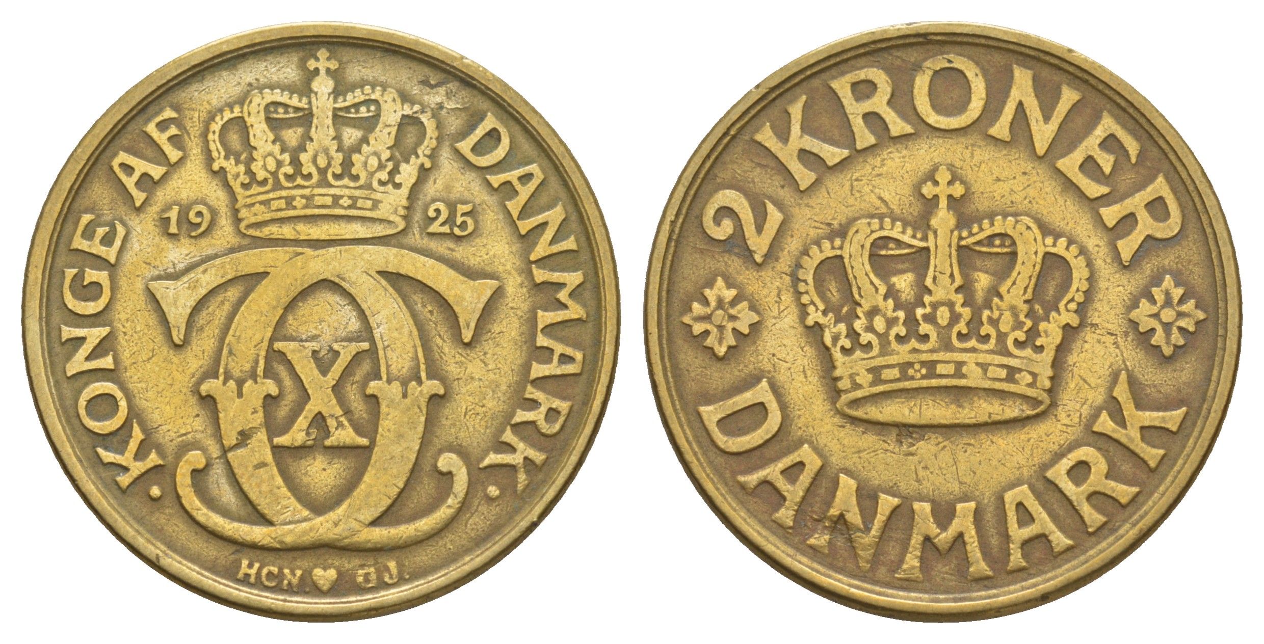 Дания 2 кроны 1925 HCN; GJ, Кристиан X (1912-1947) KM 825 алюминиевая бронза 88-341