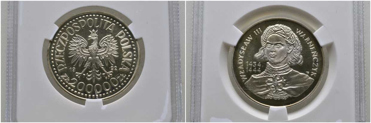 Польша 200000 злотых 1992 серия польские короли, Владислав III (1434-1444), в слабе PGM PR 69 KM 254 серебро  PROOF  15-008-18