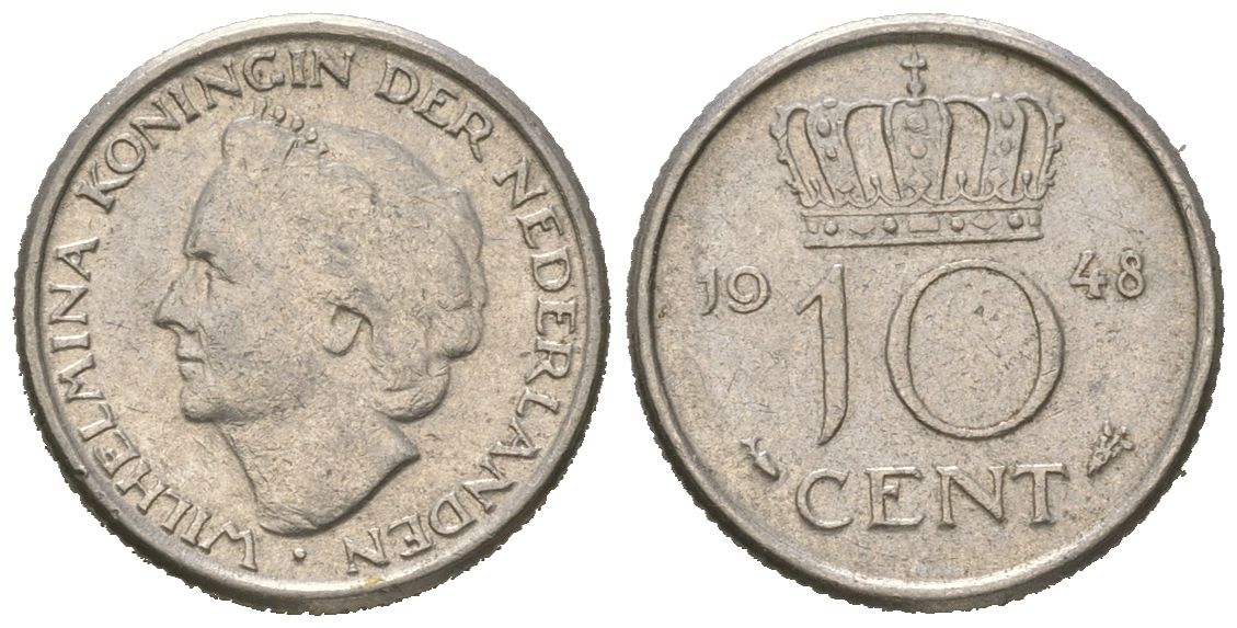 Нидерланды 10 центов 1948 Вильгельмина (1895-1948) KM 177 никель 4173-856