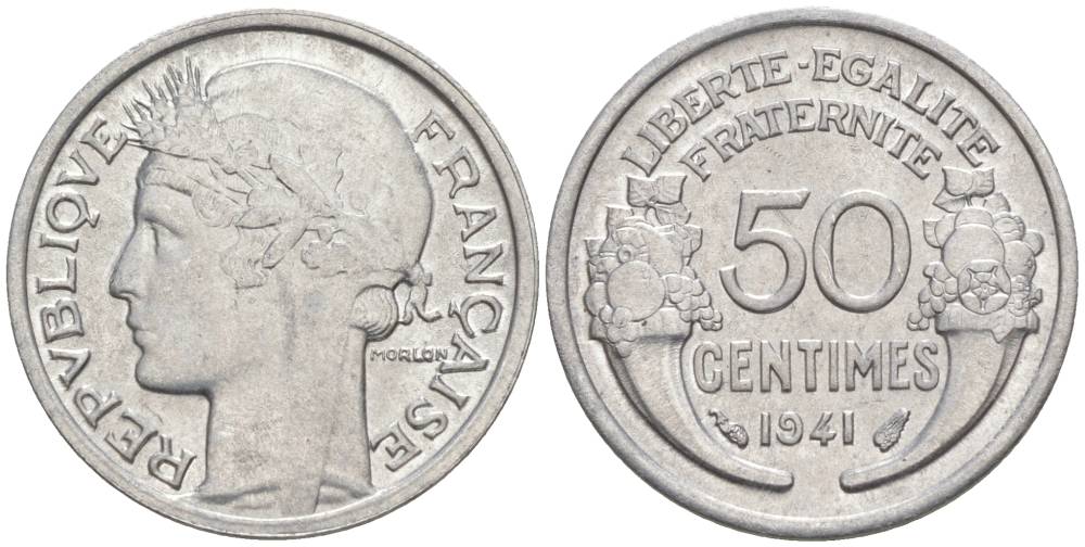 ФРАНЦИЯ 50 САНТИМОВ 1941 ТИП MORLON LOURDE KM 894.1a, LE FRANC 193.2 алюминий 44-254