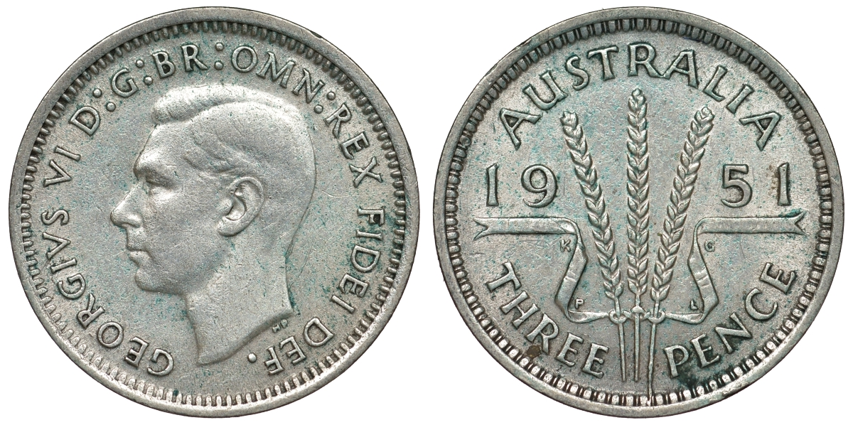 Австралия 3 пенса 1951 m, Георг VI (1937-1952), без букв KM 44 серебро 71-322