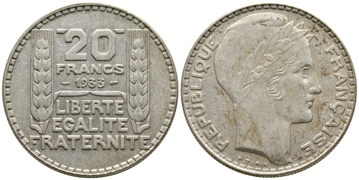 Франция 20 франков 1933 Пьер Тюрен KM 879, Le Franc 400.3 серебро 4386-415