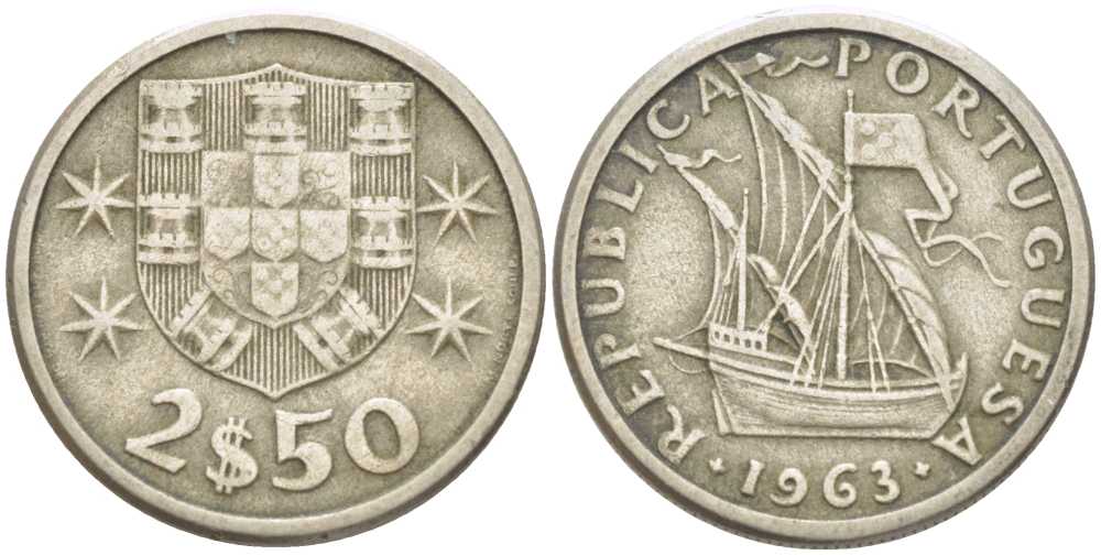 Португалия 2,5 эскудо 1963 парусник KM 590 медно-никель 213-236