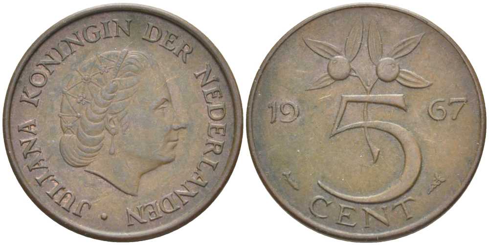 НИДЕРЛАНДЫ 5 ЦЕНТОВ 1967 ЮЛИАНА (1948-1980) KM 181 бронза 213-1047