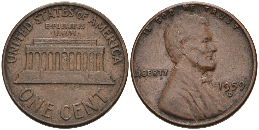 США 1 цент 1959 D, Авраам Линкольн KM 201 медь цинк 4564-326