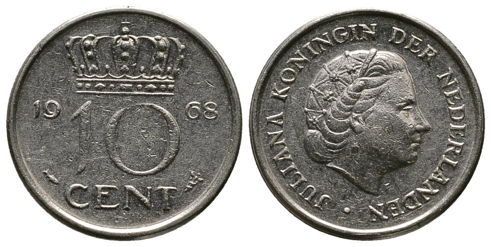 НИДЕРЛАНДЫ 10 ЦЕНТОВ 1968 ЮЛИАНА KM 182 никель 45-1215