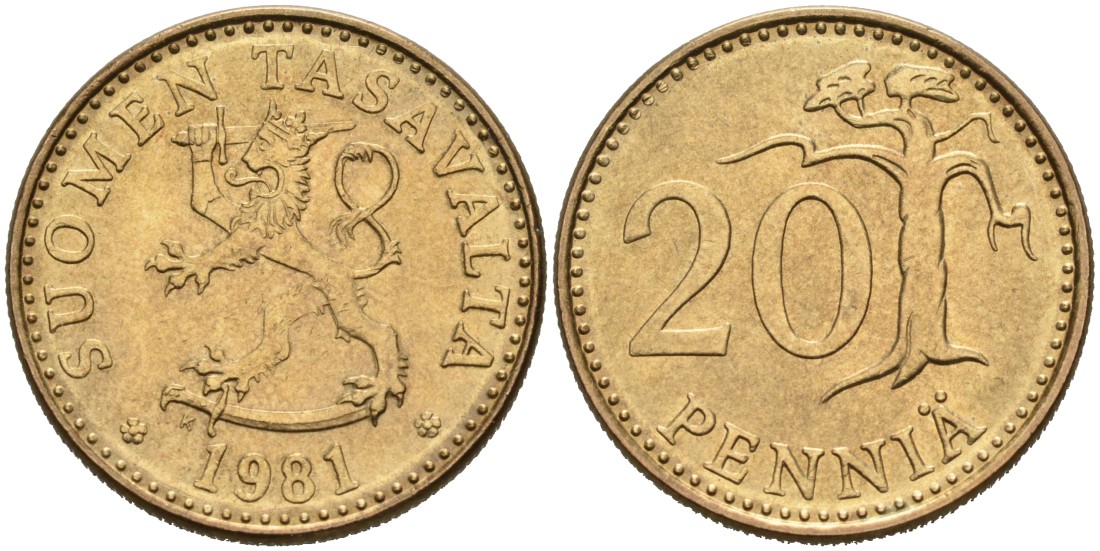 ФИНЛЯНДИЯ 20 ПЕННИ 1981 K KM 47 алюминиевая бронза 4563-331