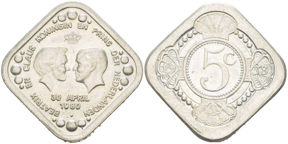 НИДЕРЛАНДЫ ЖЕТОН 1980 КОРОНАЦИЯ КОРОЛЕВЫ БЕАТРИКС 30 АПРЕЛЯ 1980, БЕАТРИКС И ПРИНЦ КЛАУС медно-никель 217-351