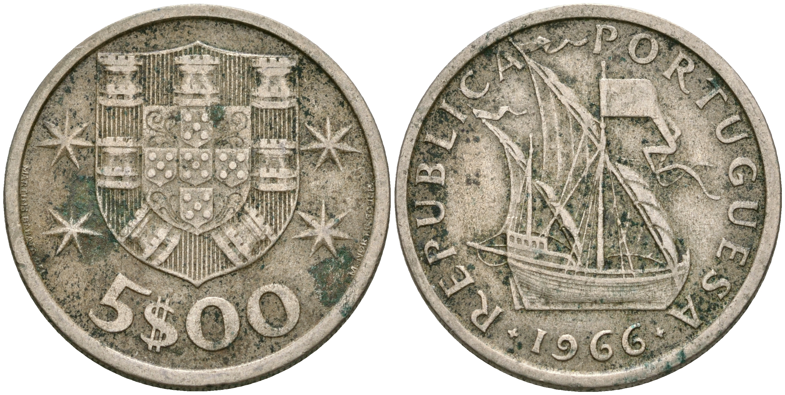 Португалия 5 эскудо 1966 парусник KM 591 медно-никель 4364-1356
