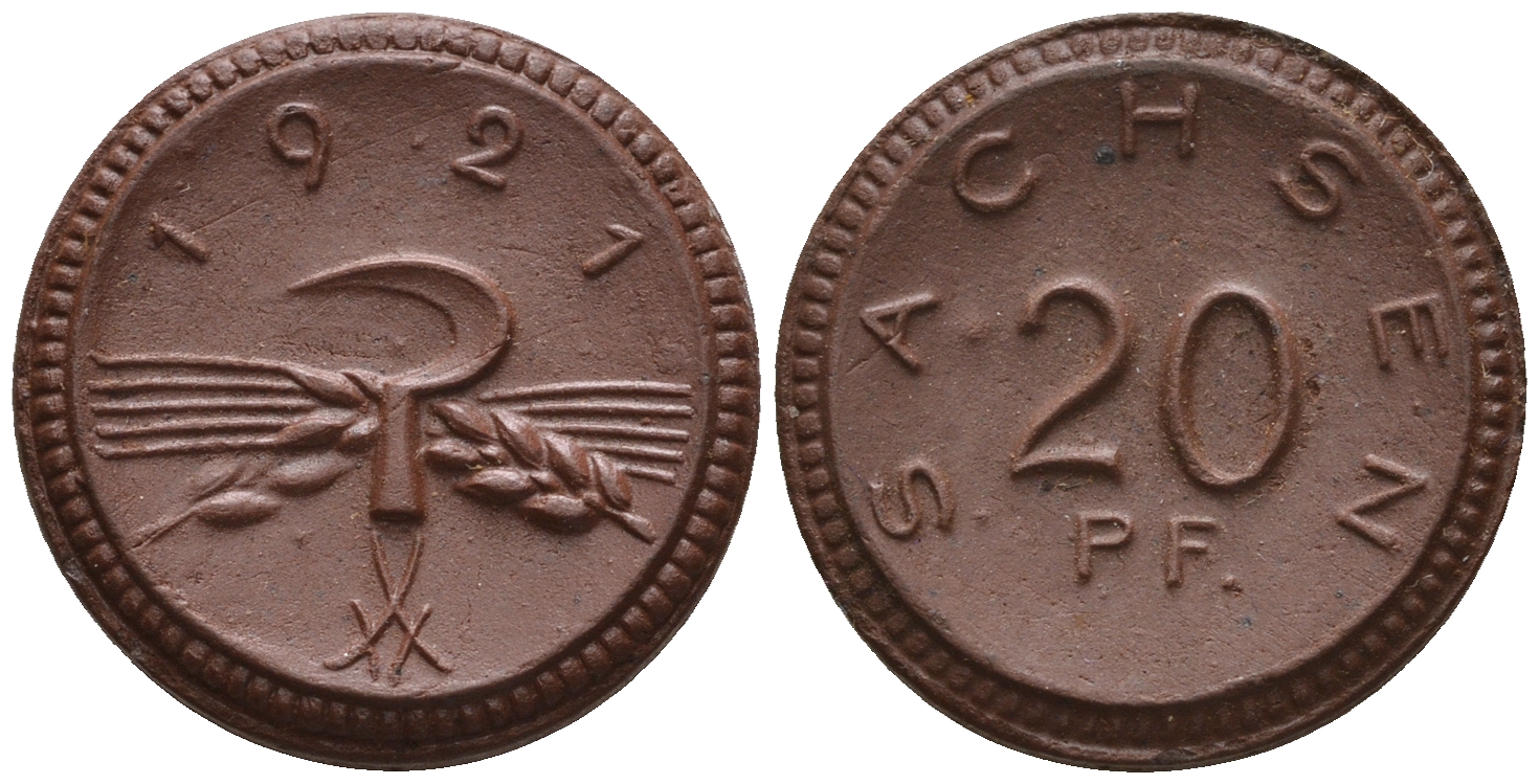 Саксония 20 пфеннигов 1921 колосья и серп J. N 53 фарфор UNC 1094-9-23