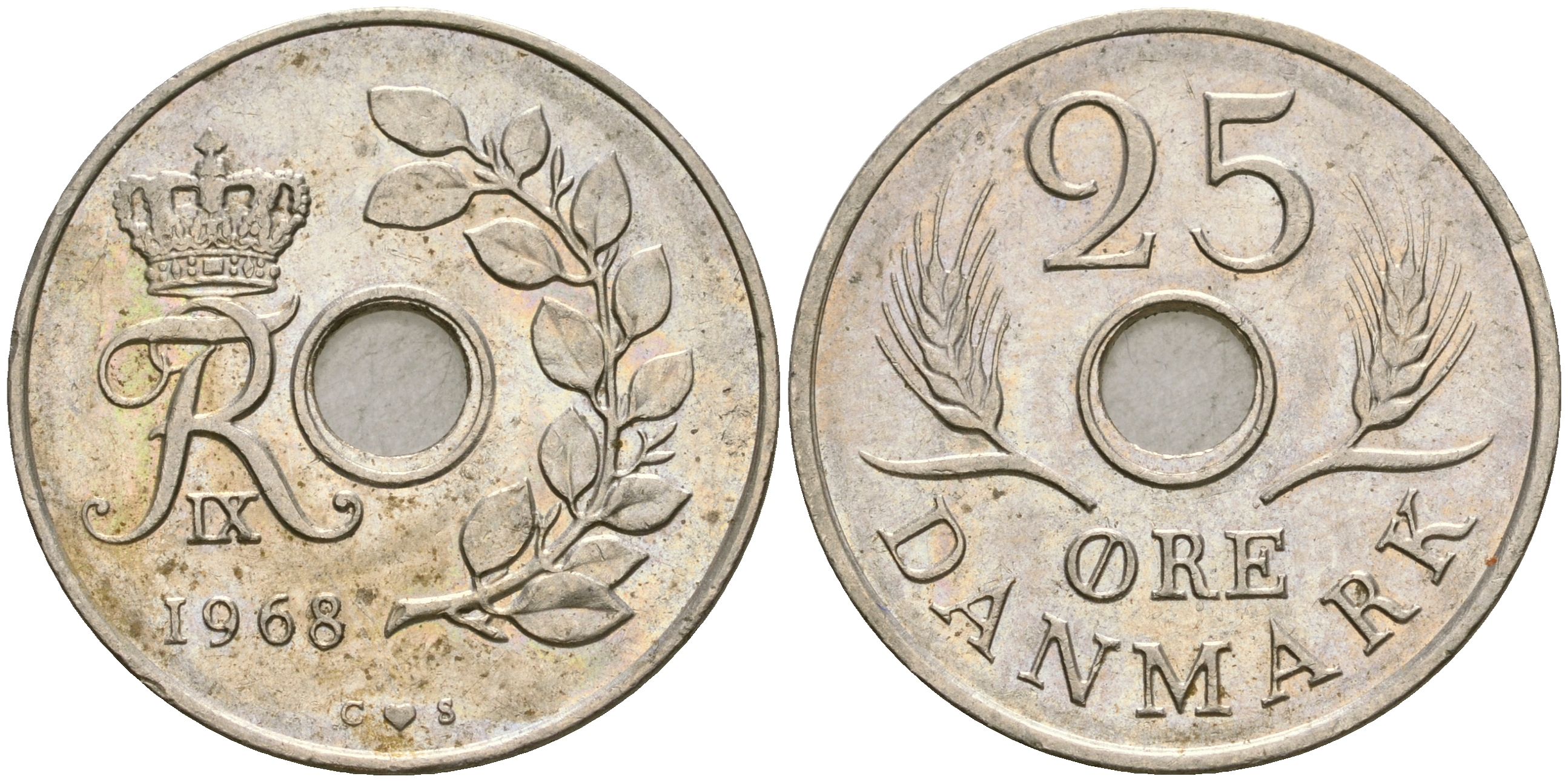 Дания 25 эре 1968 С;S, Фредерик IX (1947-1972) KM 855.1 медно-никель 4364-2546