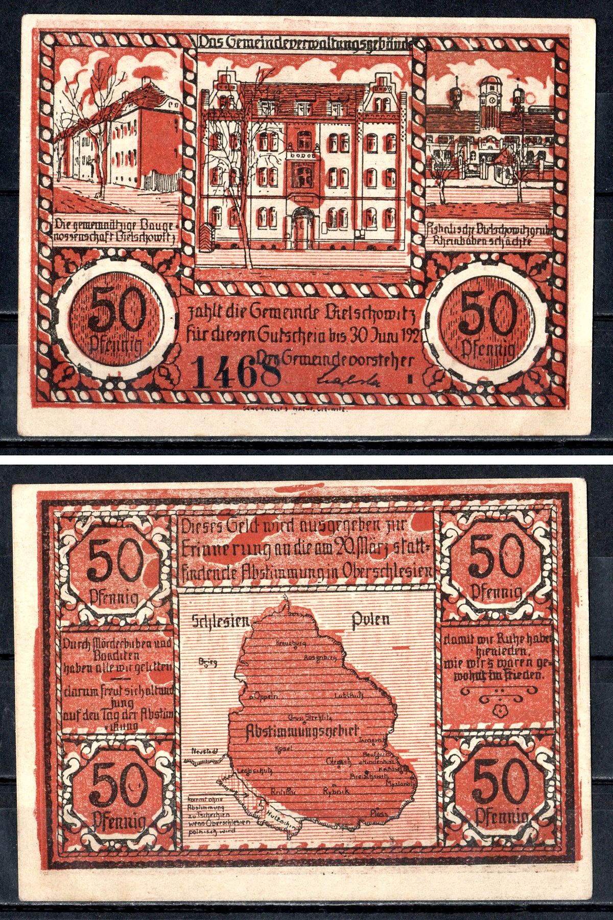Бельшовиц (Пруссия, Верхняя Силезия) 50 пфеннигов 1921 Mehl Grabowski 104.1b-1/3 бумага UNC (пресс) 7556-48-4-1