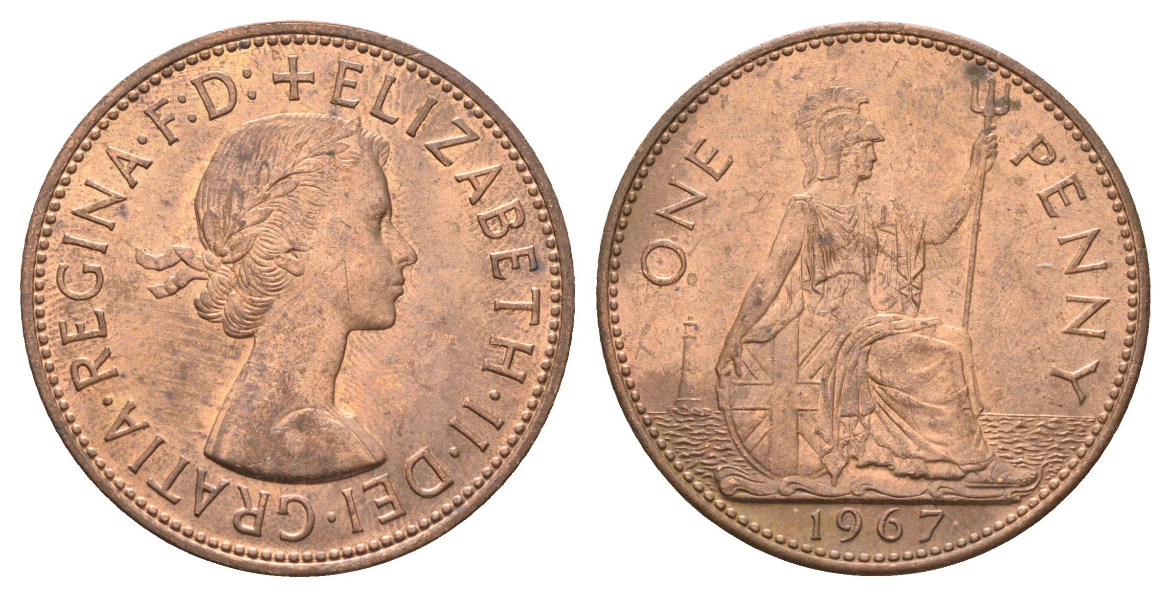 Великобритания 1 пенни 1967 Елизавета II (1952-2022) KM 897, Spink 4157 бронза UNC 4661-1023