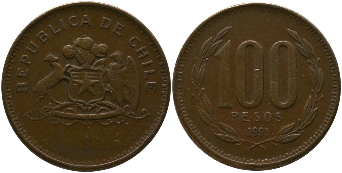 Чили 100 песо 1991 So KM 226.2, Schon 71 алюминиевая бронза 4544-943
