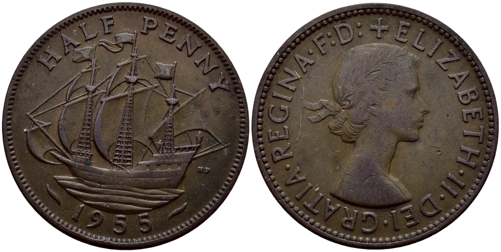 Великобритания 1/2 пенни 1955 Елизавета II (1952-2022) KM 896, Spink 4158 бронза 51-2021
