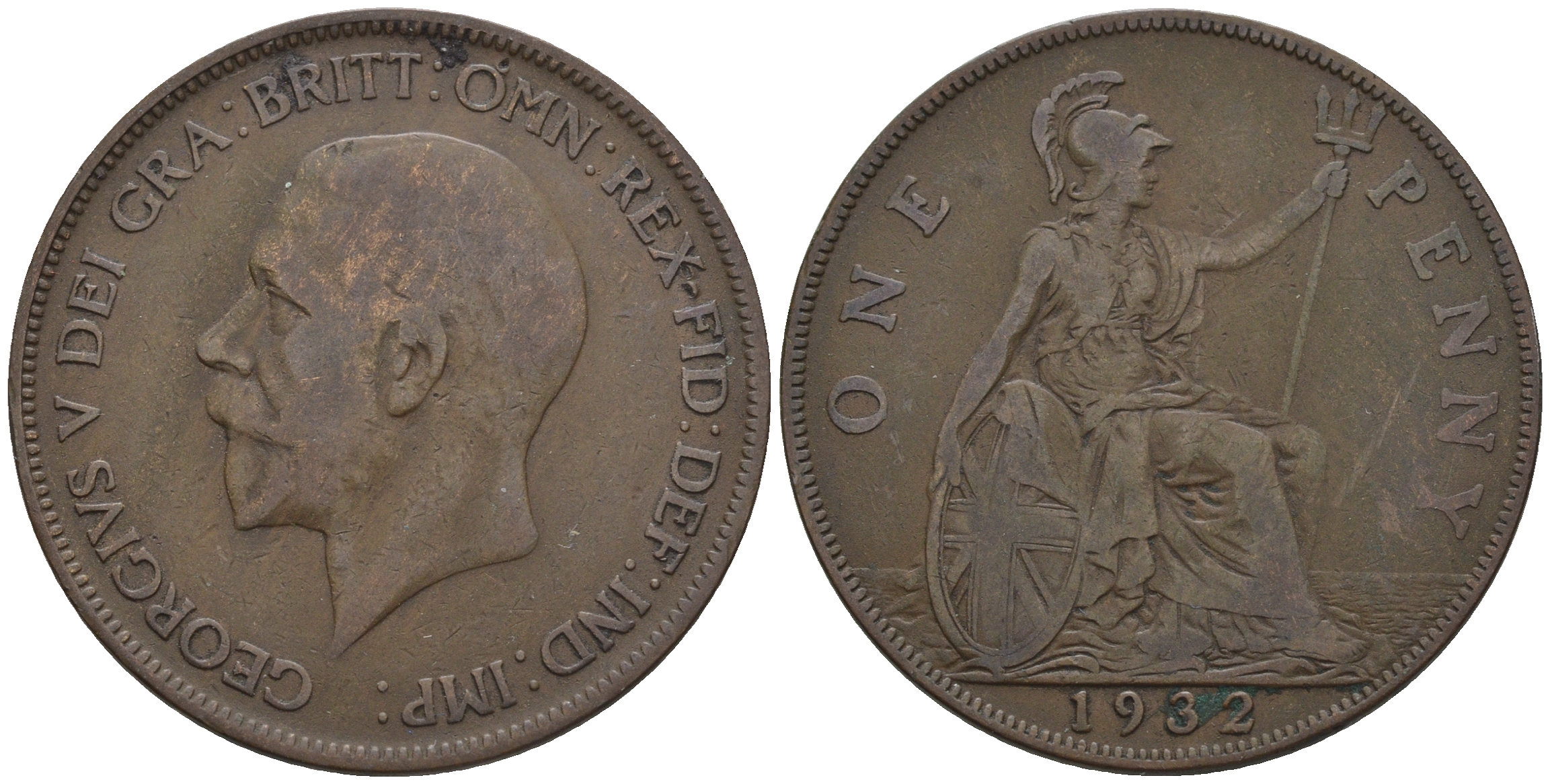 Великобритания 1 пенни 1932 Георг V (1910-1936) КМ 838, Spink 4055 бронза 4607-1224