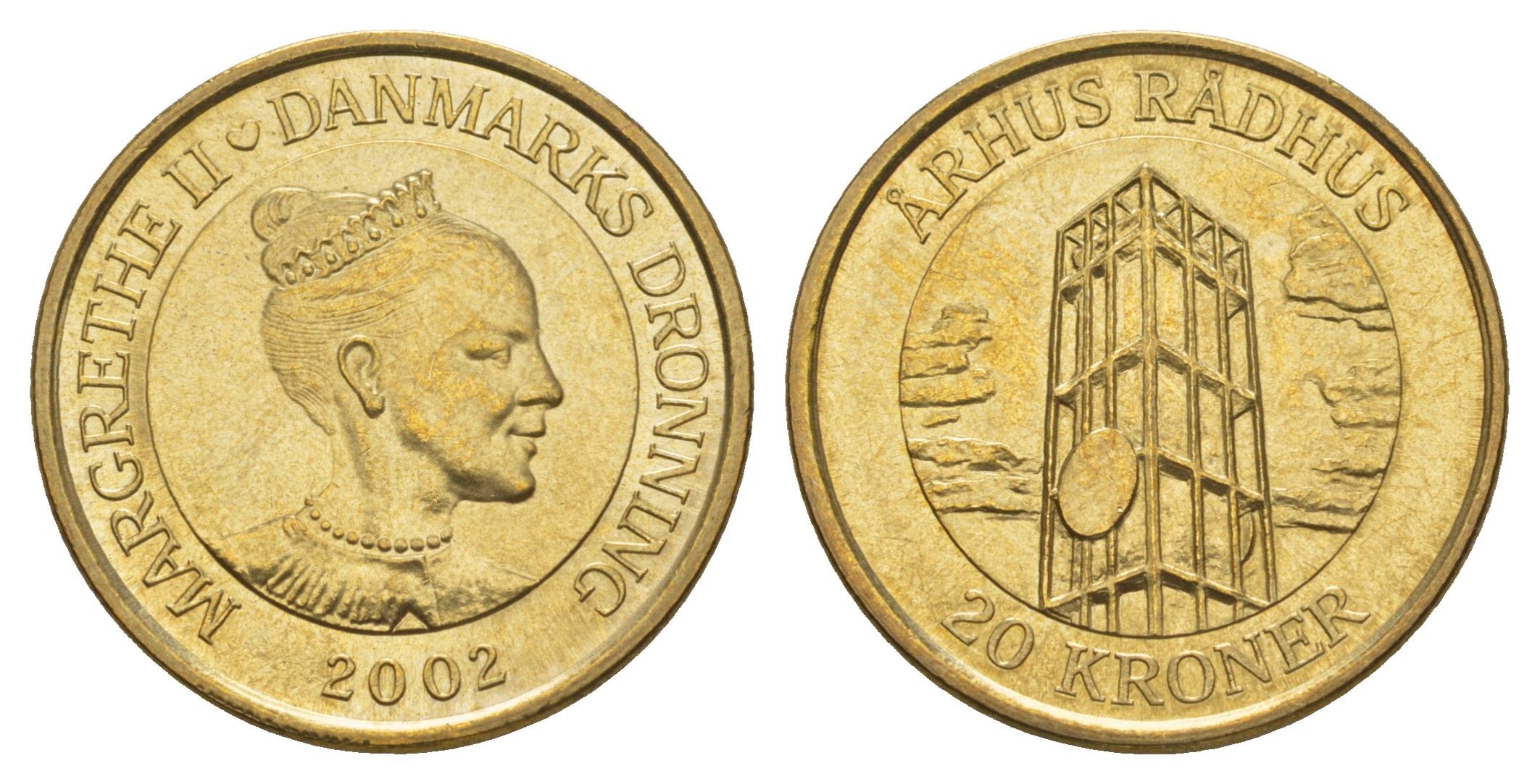 Дания 20 крон 2002 Башня Ратуши, Орхус KM 889 алюминиевая бронза UNC 4657-1233