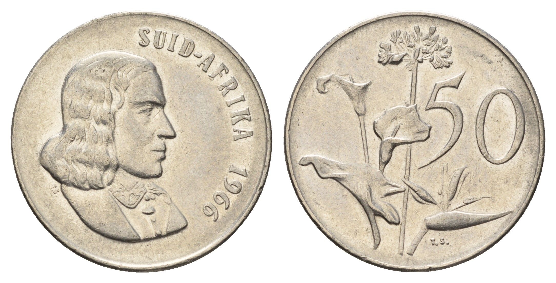 ЮАР 50 центов 1966 Ян ван Рибек (1619-1677), Suid Africa, легенда на африкаанс, Зантедеския Эллиота (калла) KM 70.2 никель 4604-1027