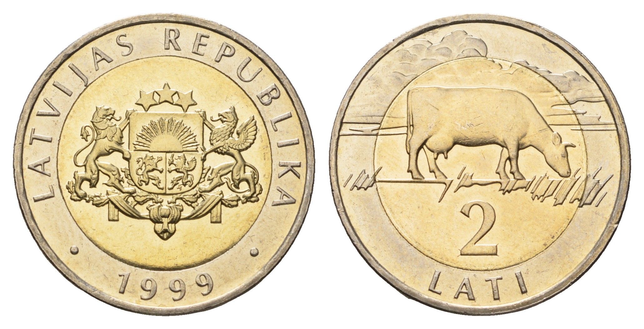 Латвия 2 лата 1999 корова KM 38 биметалл UNC 23-135