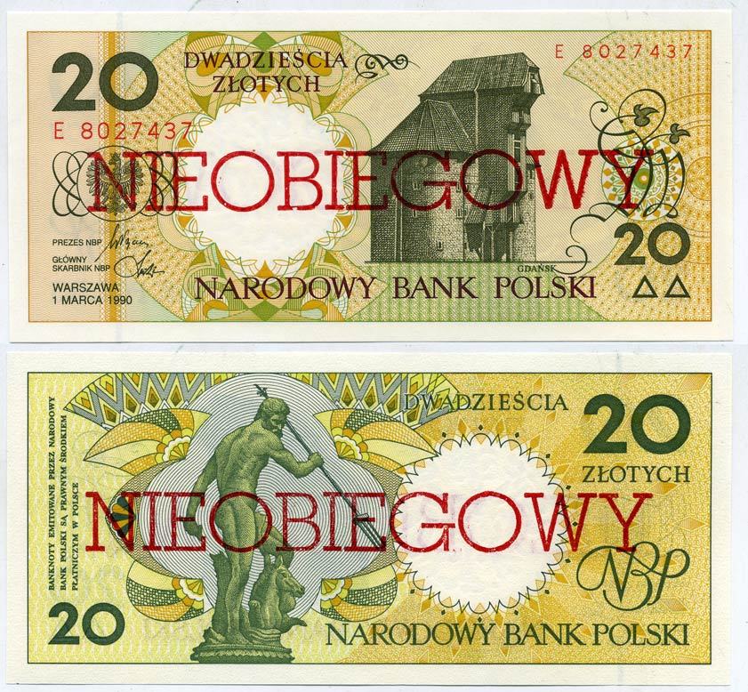Польша 20 злотых 1990 1.03.1990, NIEOBIEGOWY, отмененная, невыпущенная в обращение серия Pick 168а бумага UNC (пресс) 7523-19-4-1