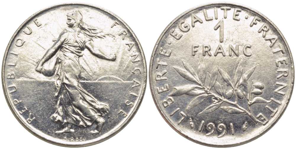 ФРАНЦИЯ 1 ФРАНК 1991 СЕЯТЕЛЬ KM 925.1, LE FRANC 226.36 никель 117-236